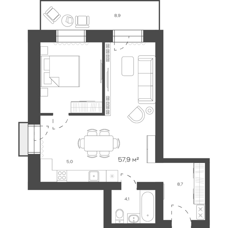Планировка своб. план. 57.87 м² в ЖК «Freedom Village»