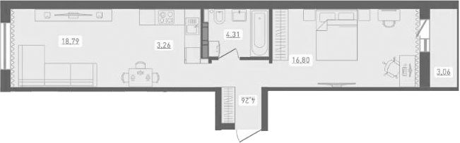 Планировка 2е-к.кв 47.42 м² в ЖК «Радуга Сибири»