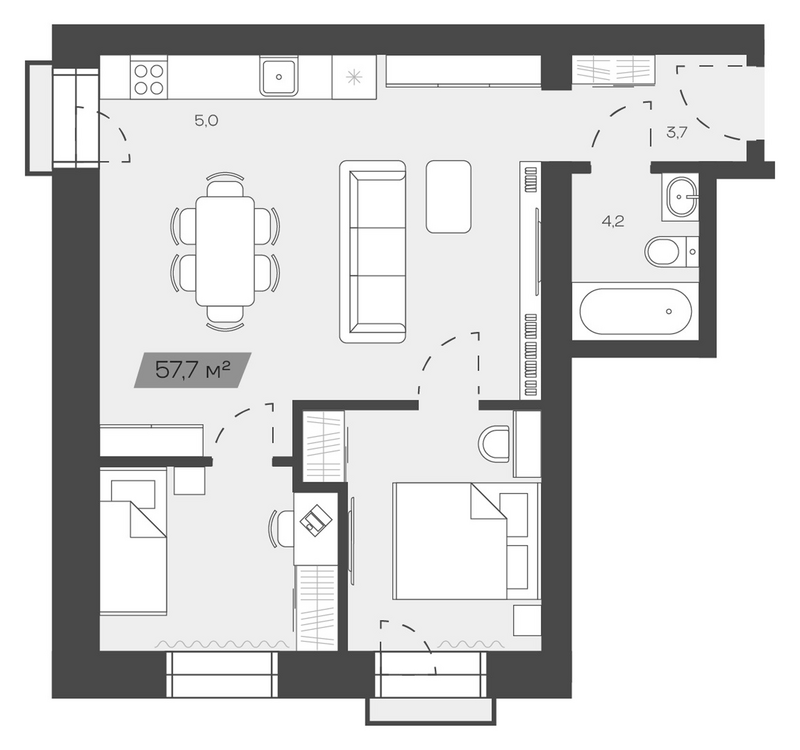 Планировка своб. план. 57.77 м² в ЖК «Freedom Village»