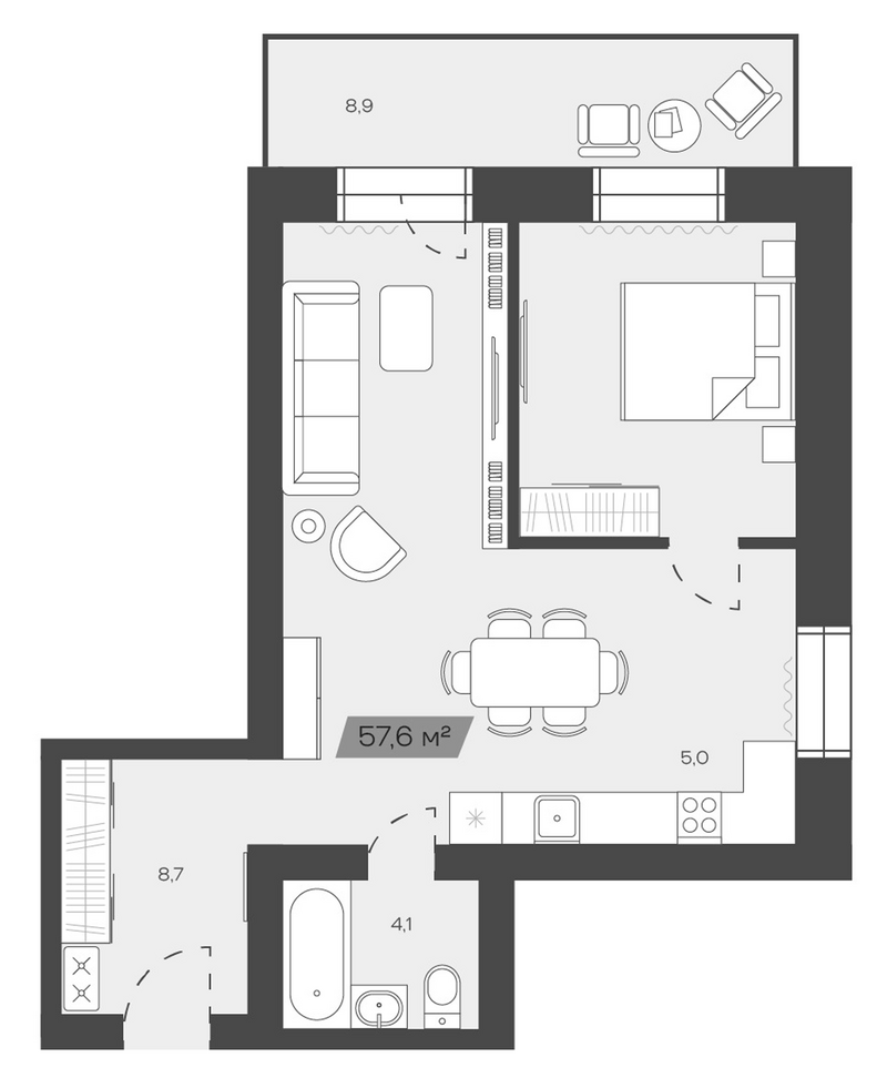 Планировка своб. план. 57.56 м² в ЖК «Freedom Village»