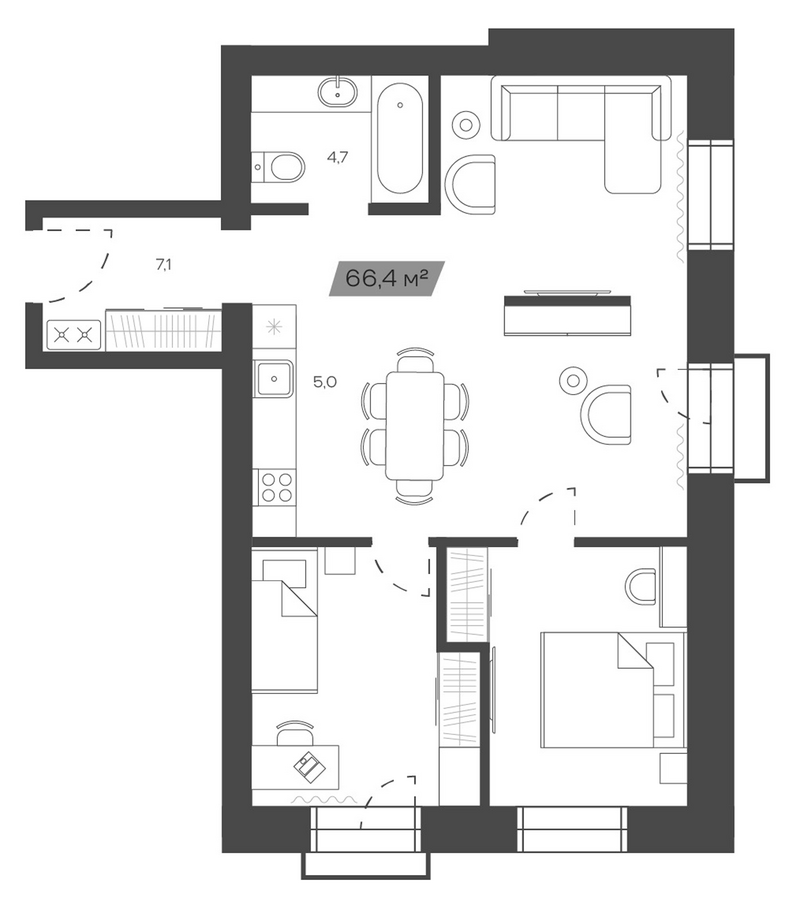 Планировка своб. план. 66.44 м² в ЖК «Freedom Village»