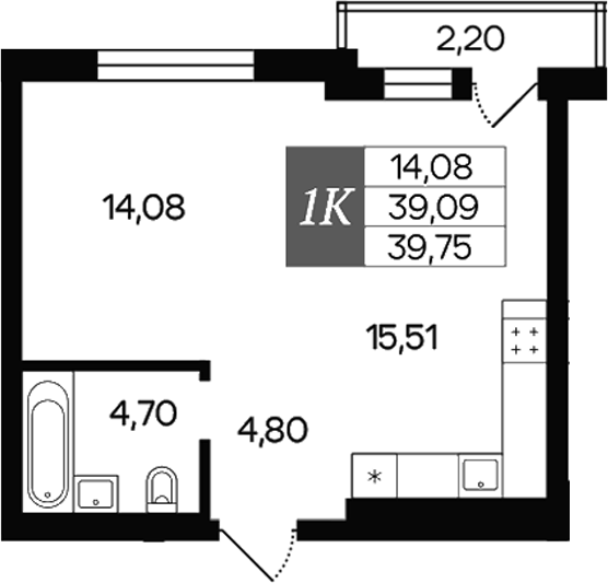 Планировка 1-к.кв 39.09 м² в ЖК «Роза ветров»