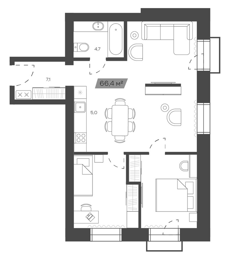 Планировка своб. план. 66.44 м² в ЖК «Freedom Village»