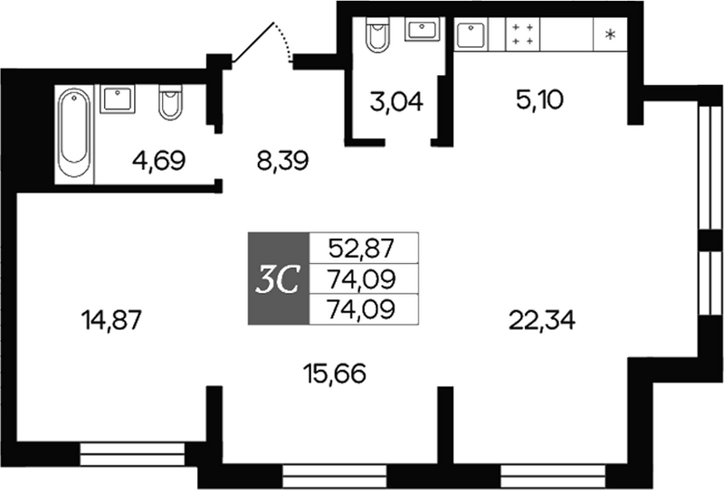 Планировка 3е-к.кв 74.09 м² в ЖК «Роза ветров»