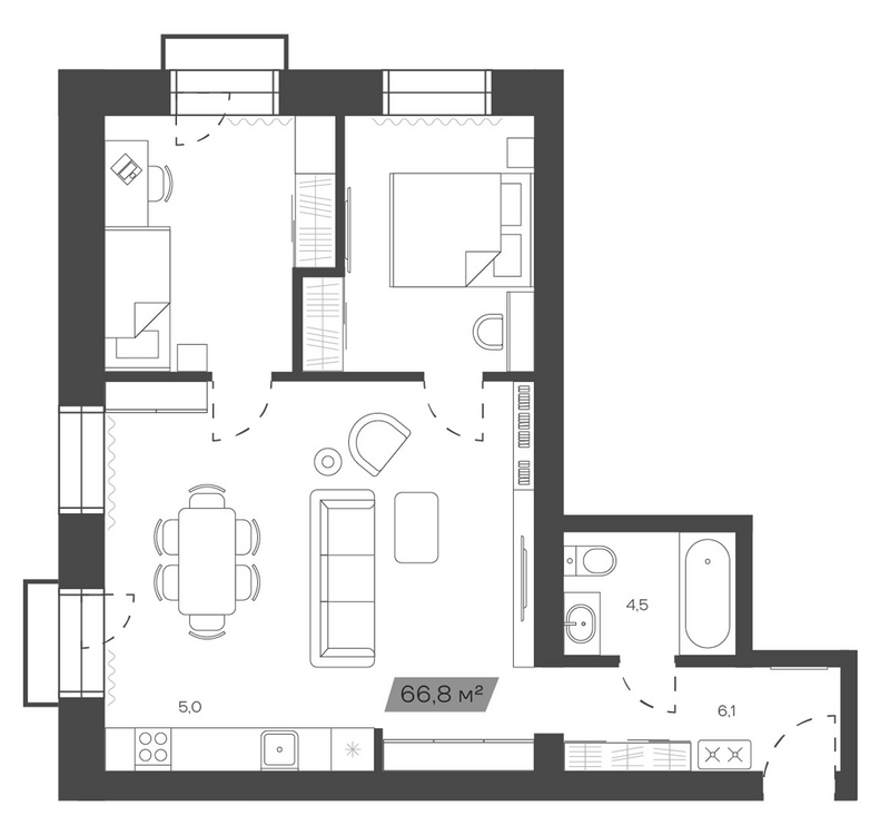 Планировка своб. план. 66.84 м² в ЖК «Freedom Village»