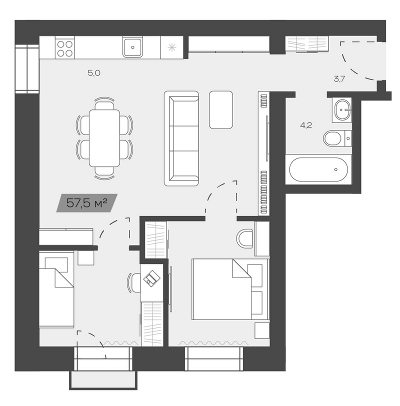 Планировка своб. план. 57.50 м² в ЖК «Freedom Village»