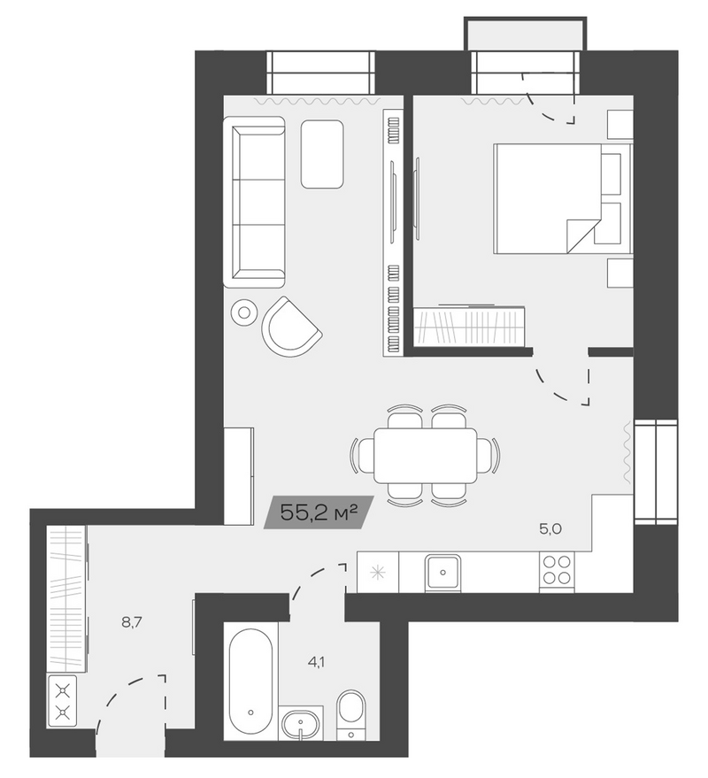 Планировка своб. план. 55.19 м² в ЖК «Freedom Village»
