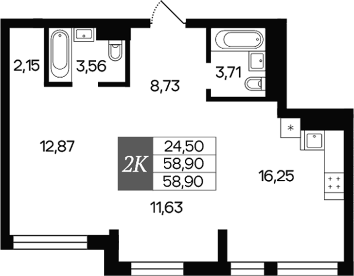 Планировка 2-к.кв 58.90 м² в ЖК «Роза ветров»