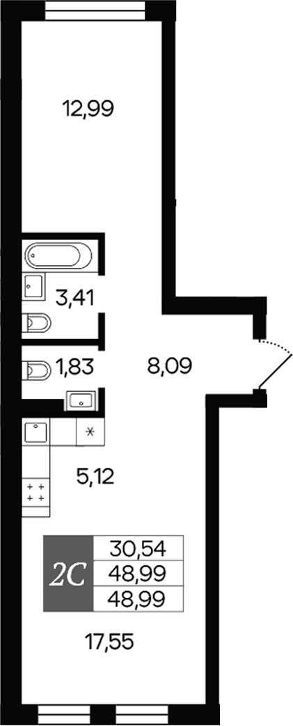Планировка 2е-к.кв 48.99 м² в ЖК «Роза ветров»