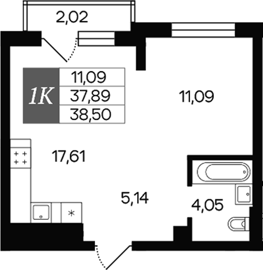 Планировка 1-к.кв 37.89 м² в ЖК «Роза ветров»