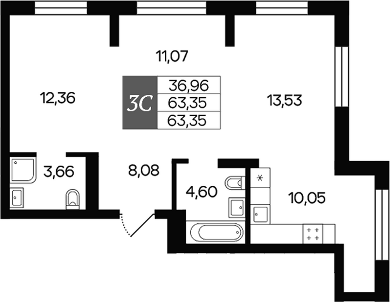 Планировка 3е-к. квартира 63.35 м² в ЖК «Роза ветров»