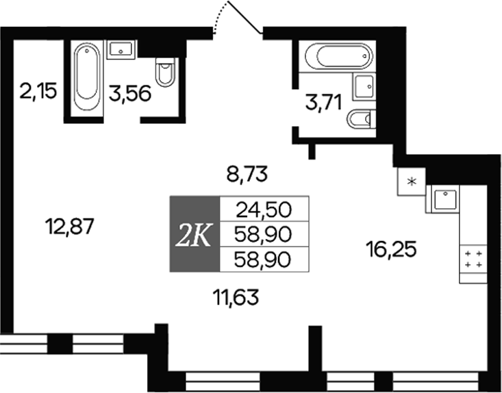 Планировка 2-к.кв 58.90 м² в ЖК «Роза ветров»