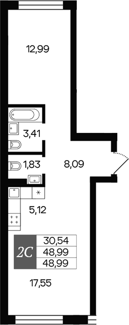 Планировка 2е-к.кв 48.99 м² в ЖК «Роза ветров»