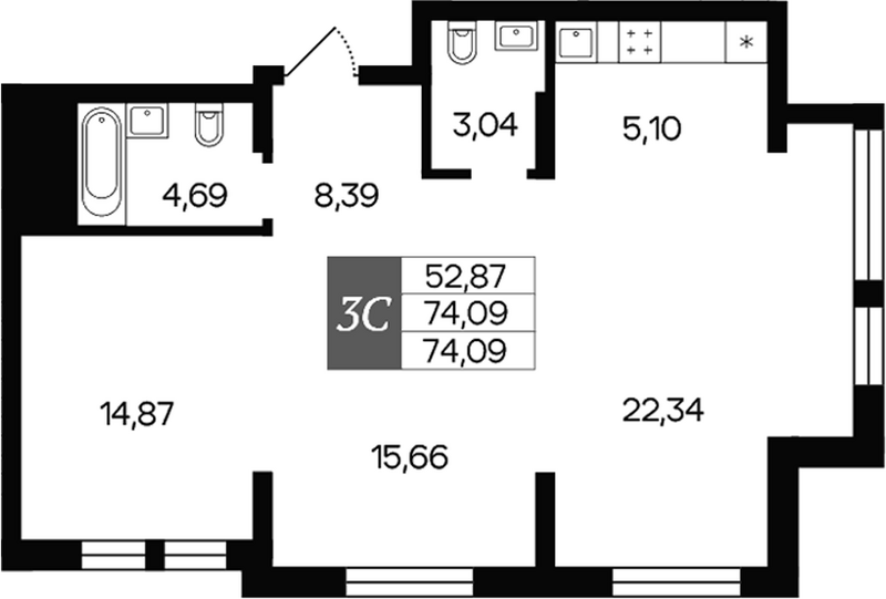 Планировка 3е-к.кв 74.09 м² в ЖК «Роза ветров»