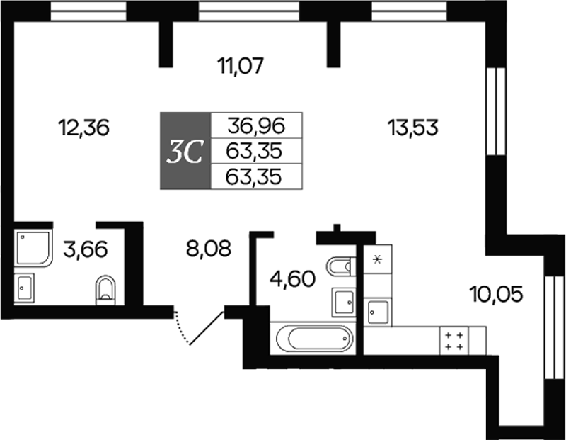 Планировка 3е-к.кв 63.35 м² в ЖК «Роза ветров»
