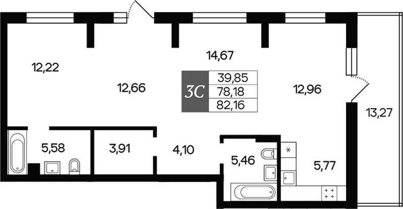 Планировка 3е-к.кв 78.17 м² в ЖК «Роза ветров»