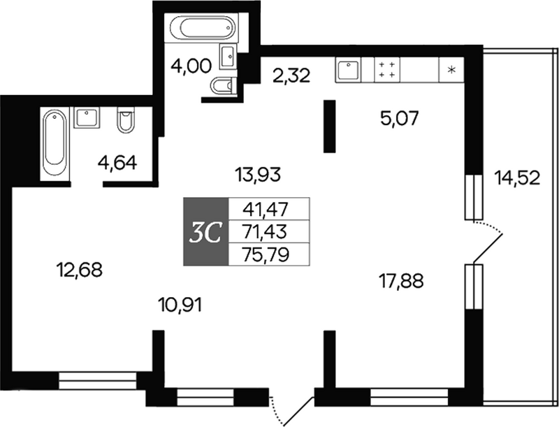 Планировка 3е-к.кв 71.43 м² в ЖК «Роза ветров»