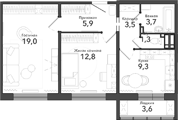 Планировка 2-к.кв 55.50 м² в ЖК «Околица»