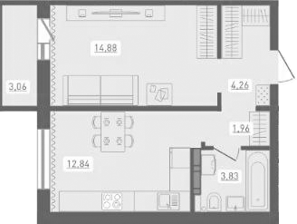 Планировка 1-к.кв 37.77 м² в ЖК «Радуга Сибири»
