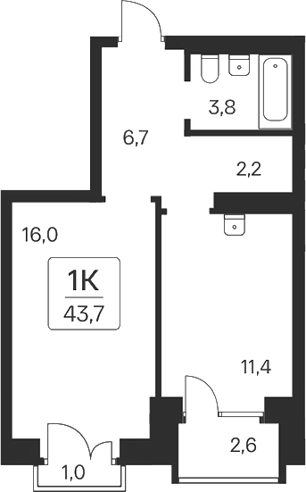 Планировка 1-к.кв 40.10 м² в ЖК «Расцветай на Красном»