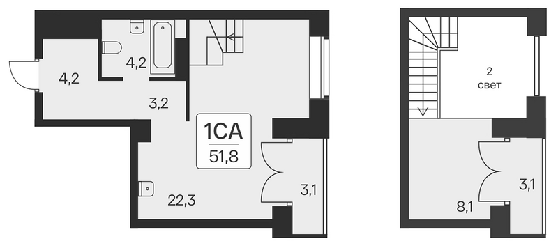 Планировка 2е-к. квартира 45.60 м² в ЖК «Расцветай на Красном»