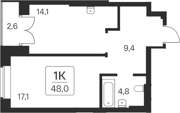 Планировка 2е-к. квартира 45.40 м² в ЖК «Расцветай на Красном»