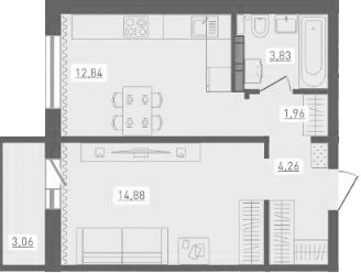 Планировка 1-к. квартира 37.77 м² в ЖК «Радуга Сибири»
