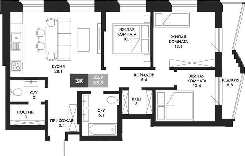 Планировка 3-к. квартира 89.30 м² в ЖК «Паскаль»