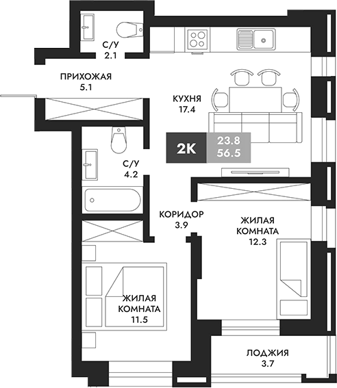 Планировка 2-к.кв 58.35 м² в ЖК «Паскаль»