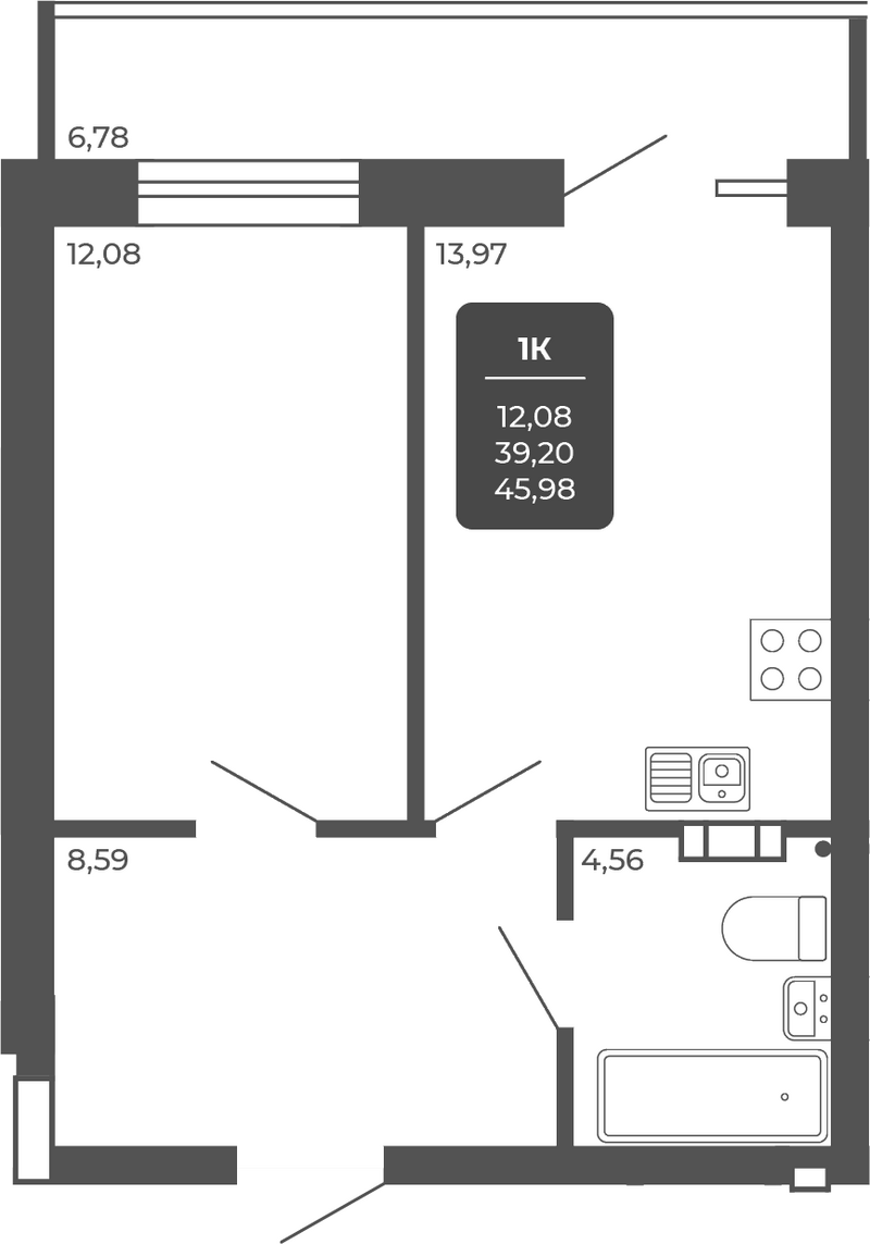 Планировка 1-к.кв 39.20 м² в ЖК «НОВА АПАРТ»