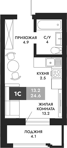 Планировка студии 26.65 м² в ЖК «Паскаль»