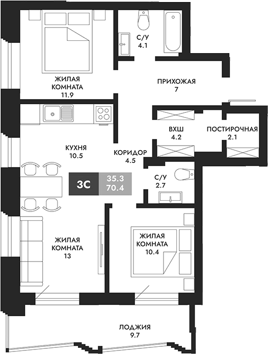 Планировка 3е-к. квартира 75.25 м² в ЖК «Паскаль»