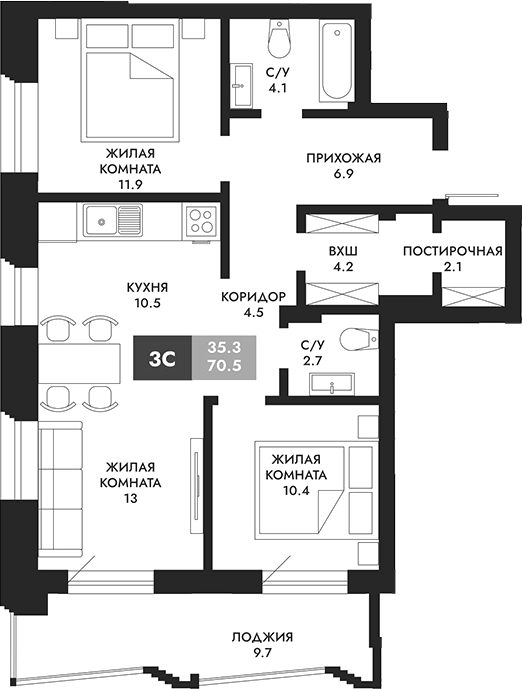 Планировка 3е-к.кв 75.35 м² в ЖК «Паскаль»