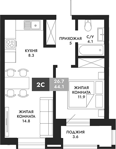 Планировка 2е-к.кв 45.90 м² в ЖК «Паскаль»