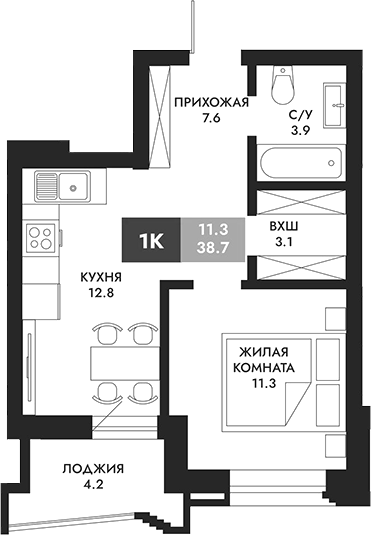 Планировка 1-к. квартира 40.80 м² в ЖК «Паскаль»