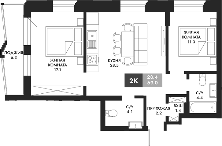 Планировка 2-к.кв 72.15 м² в ЖК «Паскаль»