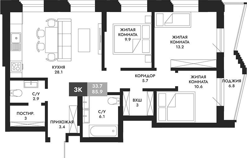 Планировка 3-к. квартира 89.30 м² в ЖК «Паскаль»