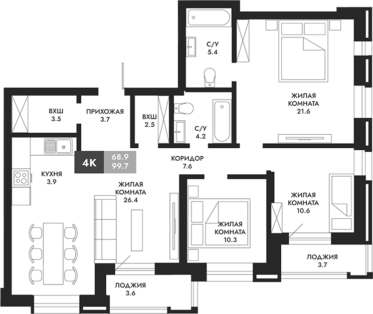 Планировка 4е-к.кв 103.35 м² в ЖК «Паскаль»