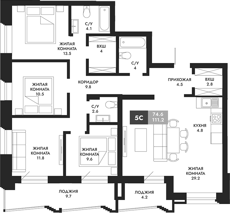 Планировка 5е-к. квартира 111.20 м² в ЖК «Паскаль»
