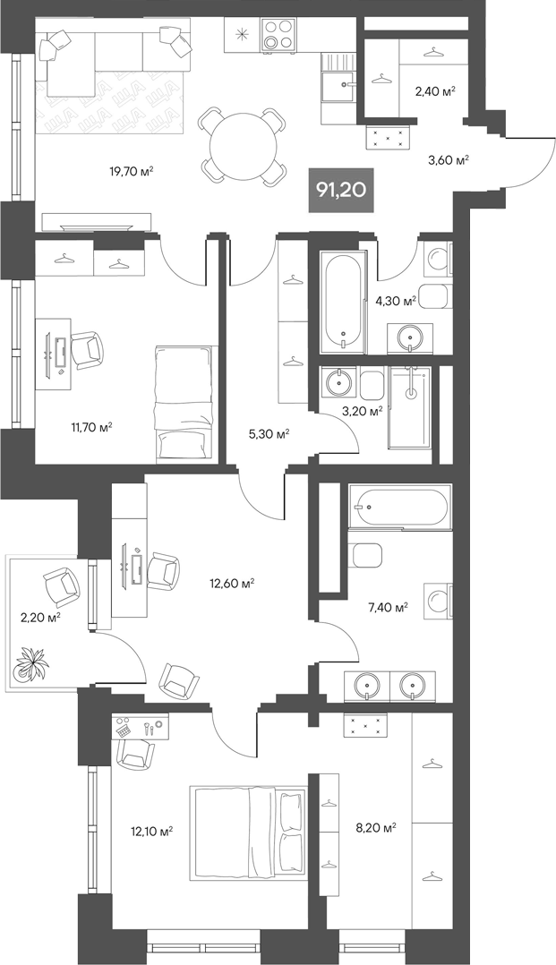 Планировка 3-к.кв 90.54 м² в ЖК «ЩА»