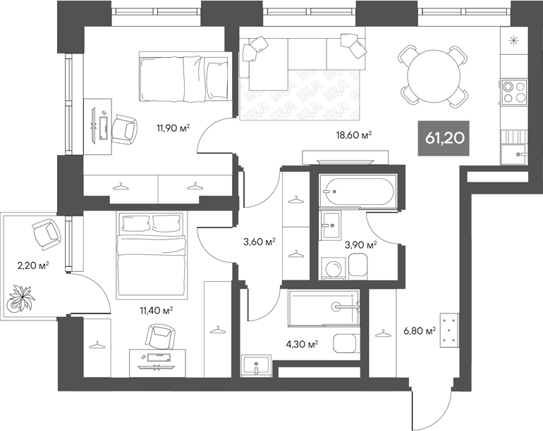 Планировка 2-к.кв 60.54 м² в ЖК «ЩА»