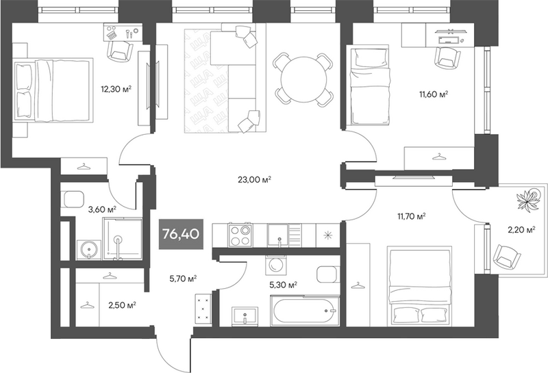 Планировка 3-к.кв 75.74 м² в ЖК «ЩА»