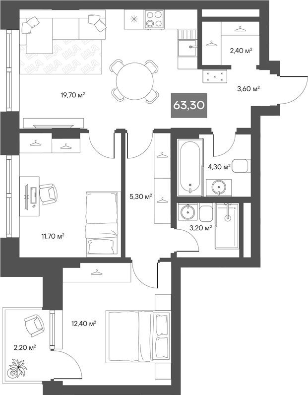 Планировка 2-к.кв 62.64 м² в ЖК «ЩА»