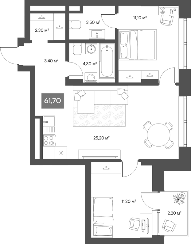 Планировка 2-к.кв 61.04 м² в ЖК «ЩА»