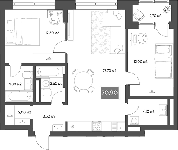 Планировка 2-к.кв 69.55 м² в ЖК «ЩА»