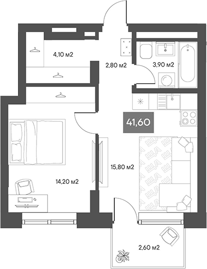 Планировка 1-к.кв 40.82 м² в ЖК «ЩА»