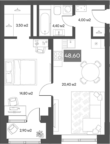 Планировка 1-к.кв 47.15 м² в ЖК «ЩА»