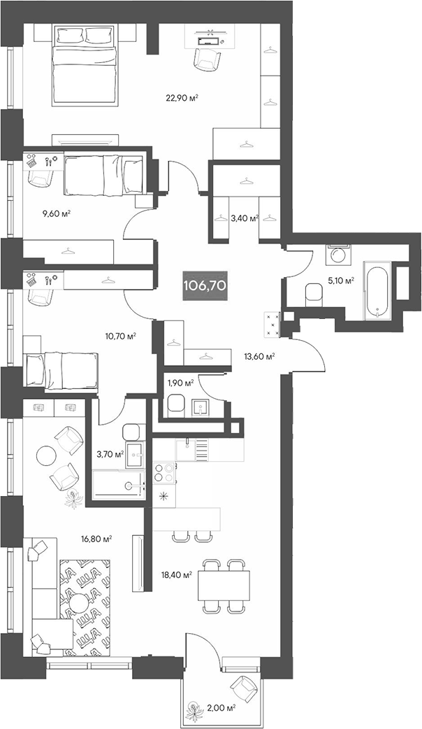 Планировка 3-к.кв 106.10 м² в ЖК «ЩА»