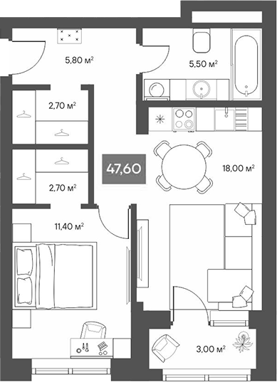 Планировка 1-к.кв 46.10 м² в ЖК «ЩА»