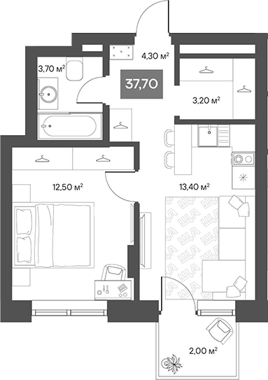 Планировка 1-к.кв 37.10 м² в ЖК «ЩА»